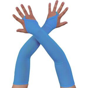 Women's Sky Blue Finger Loop Fingerles Satin Long Gloves Halloween Party Costume